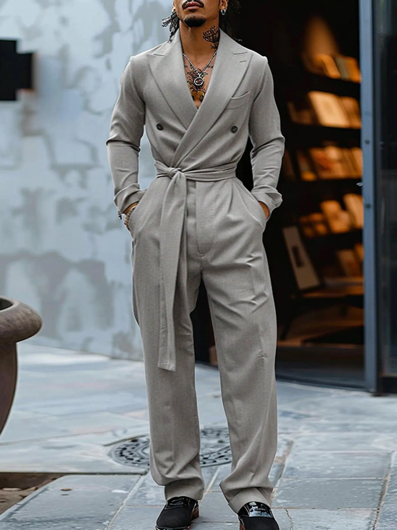 INCERUN Men Casual Long Sleeve Formal Jumpsuits Solid Plain American Style Fashion Double-Breasted Piece Pants Menswear