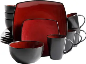 Square Dinnerware Set with Reactive Glaze, Red, Service for 4 (16 Pieces).