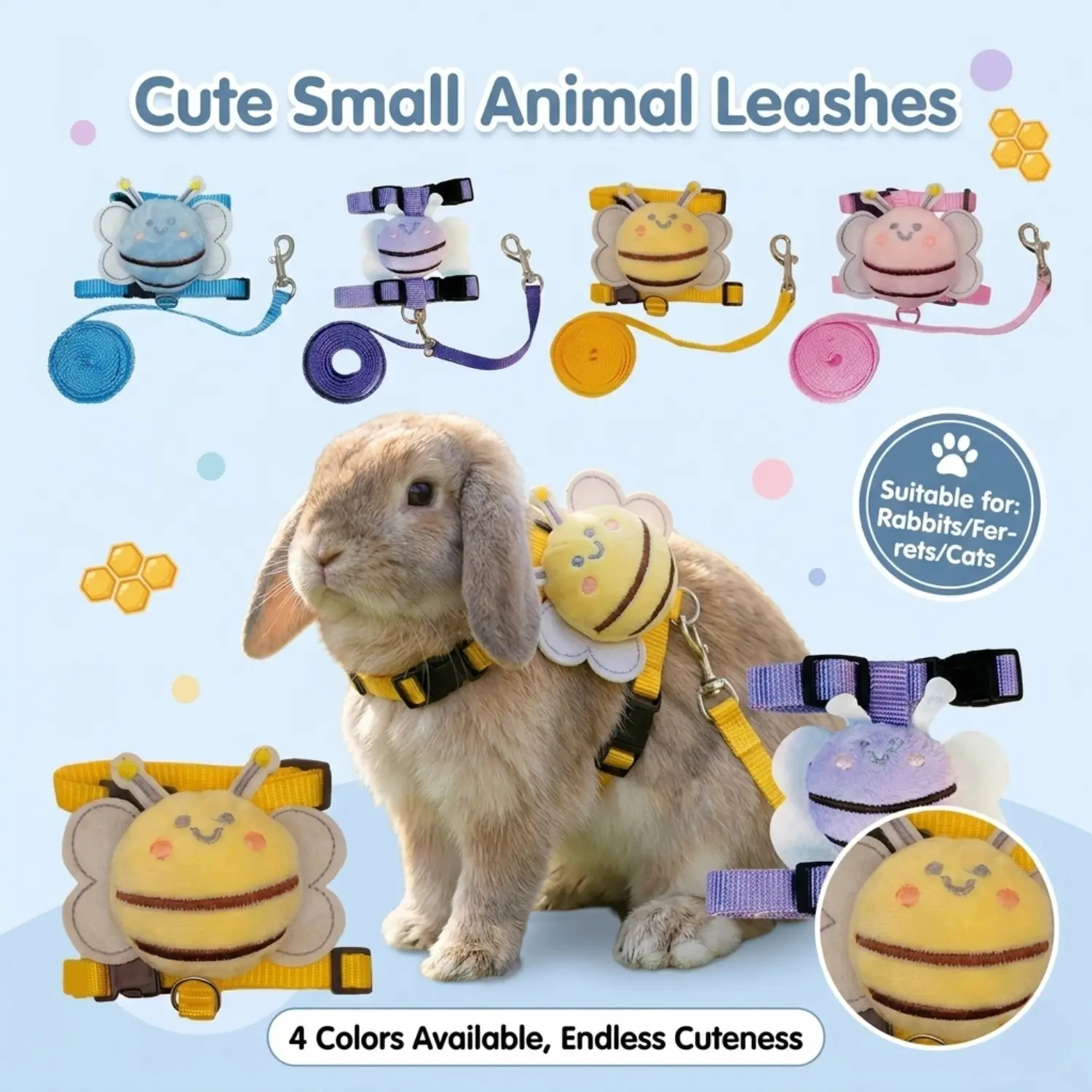 4-Set Cute Ornamented Adjustable Vest Harness & Leash Set for Small Pets (Chest Girth 20-30 cm, Rabbits, Ferrets) - Ideal for Daily Walking