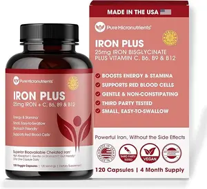Iron Supplement for Women & Men, Natural Ferrous Chelate, Bisglycinate 25mg + Vitamin C, B6, B12, Folic Acid - IronPills for Iron Deficiency & Energy Support - 120 Count