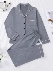 2-piece women's solid color long sleeve long pants top with small pocket, button, soft and comfortable skin-friendly smooth closure, elastic waistband suitable for all seasons home leisure loungewear Homewear pajamas Casual Sleepwear Set