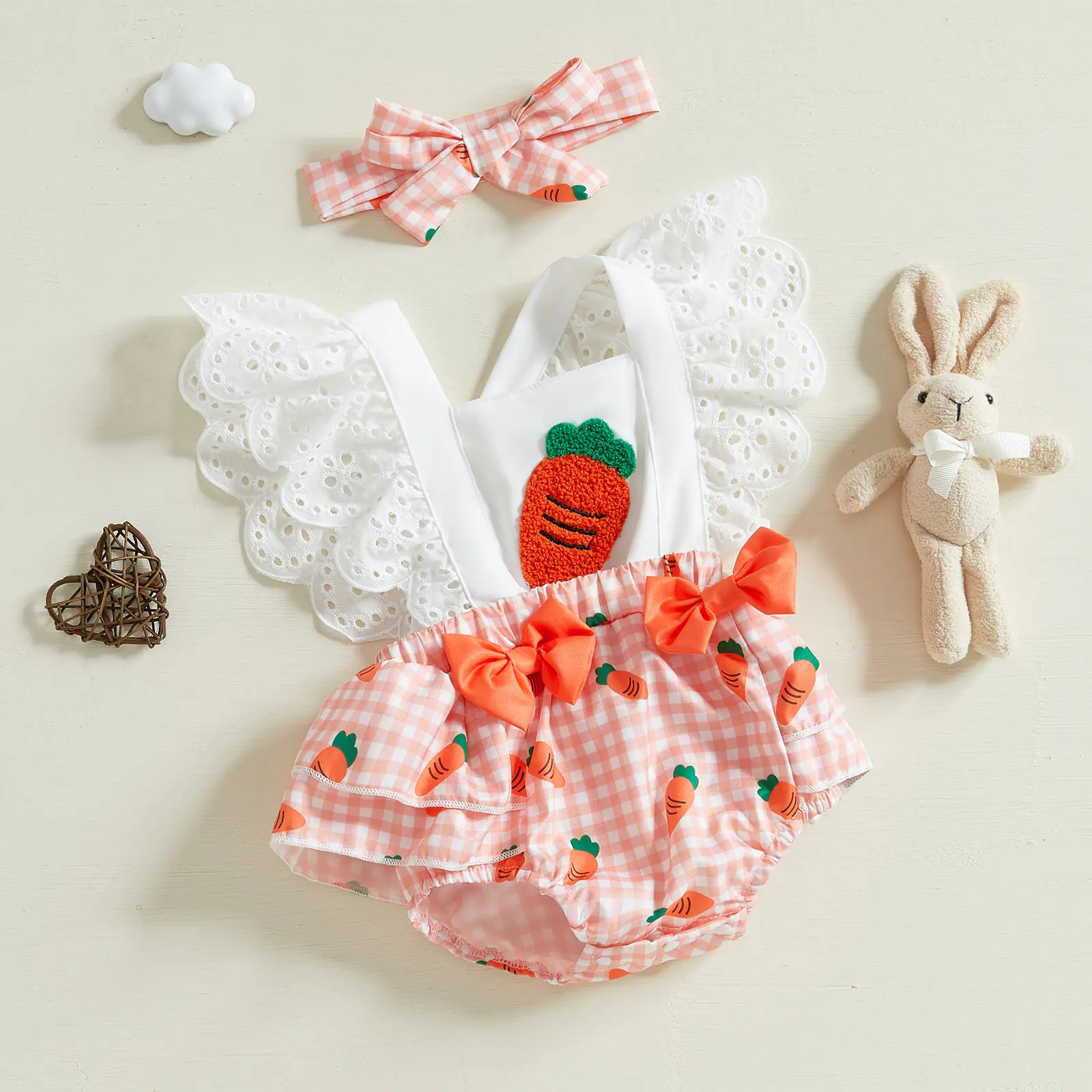 Infant Baby Girl Easter Outfits Hollow Out Flying Sleeveless Carrot Print Bodysuit with Bow Headband 0-18 Months