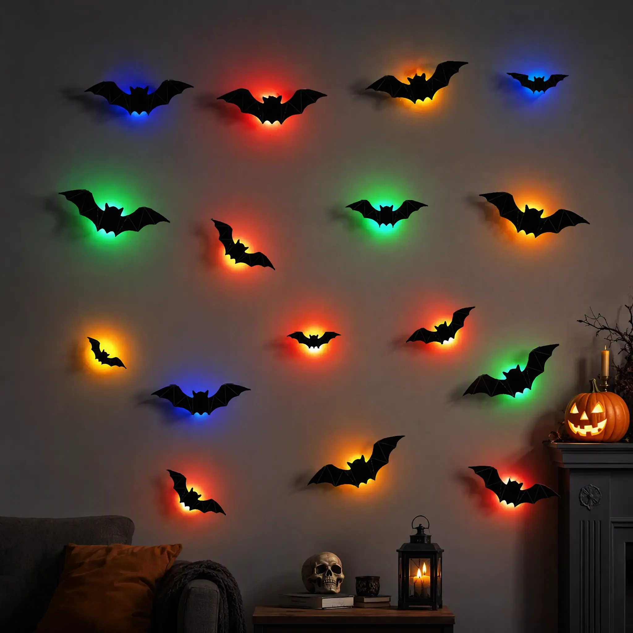 12/36/60Pcs 7-Color Changing Bat LED Night Light, Flashing Rainbow Ambient Lamp, Battery Powered Spooky Halloween Decor Light, Wall/Window Decor, Cute Horror Atmosphere Light For Indoor Party Bedroom Holiday Decoration & Festive Ornaments