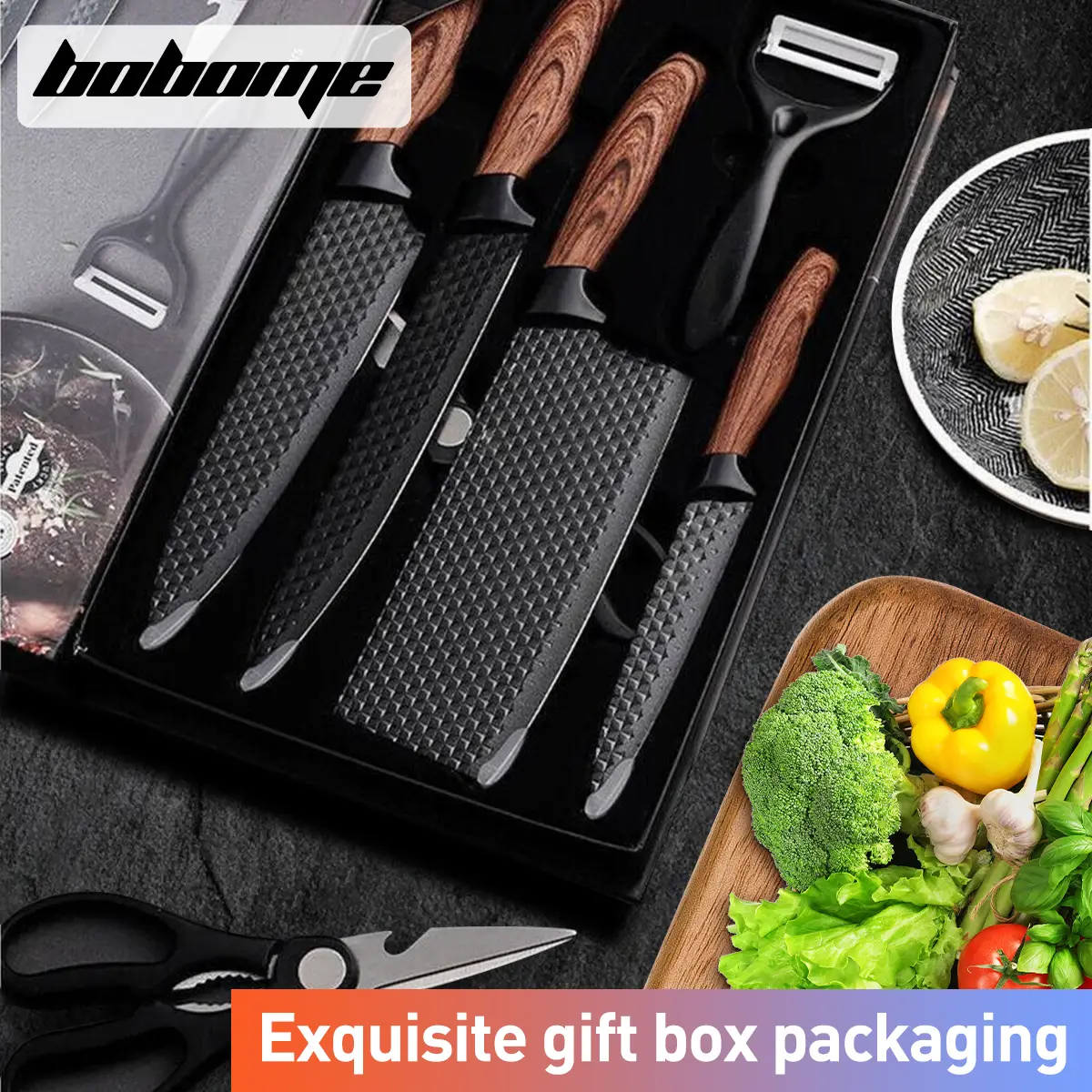 6 Piece Kitchen Knife Set - Chef Knife Set with Non-Stick Stainless Steel and Ergonomic Wood Handle - Kitchen Knives, Block Knife Block Wooden