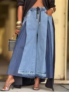Women'S Denim Wide Leg Skirt Pants with High Waist Color Blocked Splicing And Pockets, New Street Style Elastic Drawstring Pleated Contrasting Wide Leg Cropped Jeans