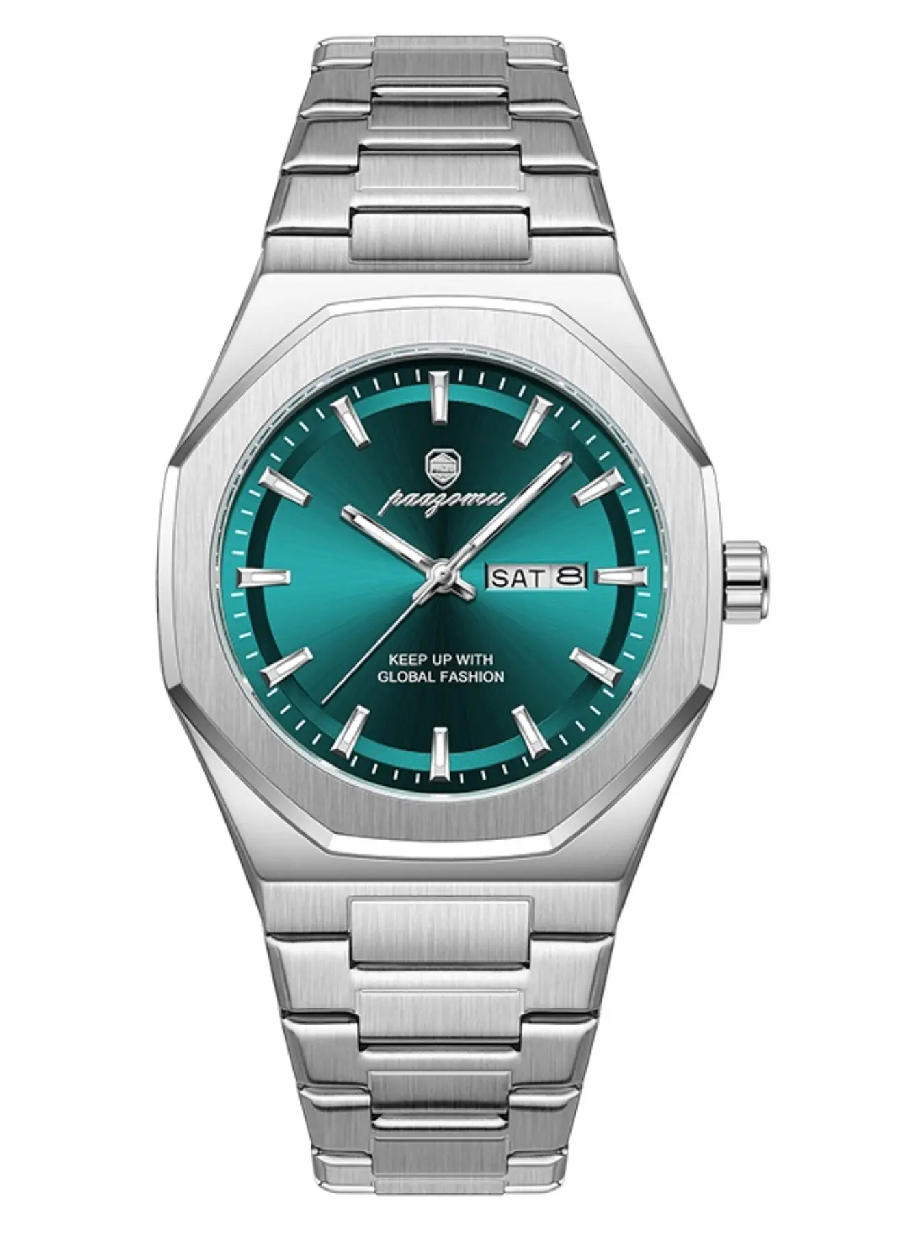 Paazomu Men's Green Dial Quartz Watch, Stainless Steel Luminous Waterproof Casual Business Wristwatch, Classic Analog Dress Watch