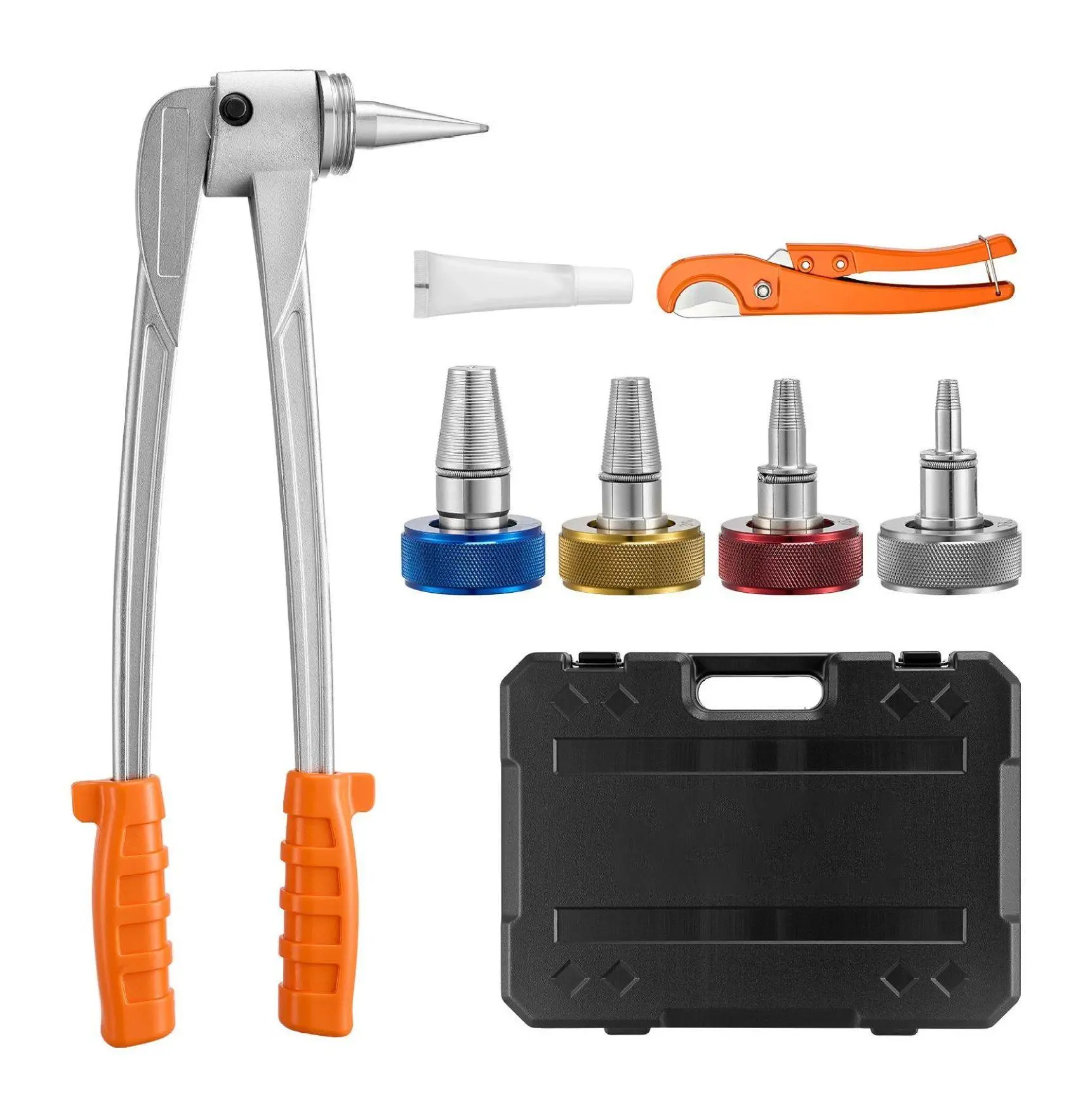 PEX Pipe Expander Tool Kit - 3/8", 1/2", 3/4", 1" PEX Tubing Expansion Tool with Cutter & Case for Plumbing, Water & Floor Heating Systems 6-Piece Set-With Cutter-4 Dies Basic Kit