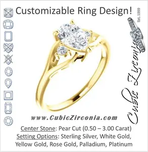 Cubic Zirconia Engagement Ring- The Willie Jo (Customizable 3-stone Pear Cut Design with Small Round Cut Accents and Decorative Cathedral Trellis)