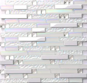 Glass Metal Tile Linear Mosaic Iridescent White Backsplash Stain Resistant Chrome Shiny Wall Tiles