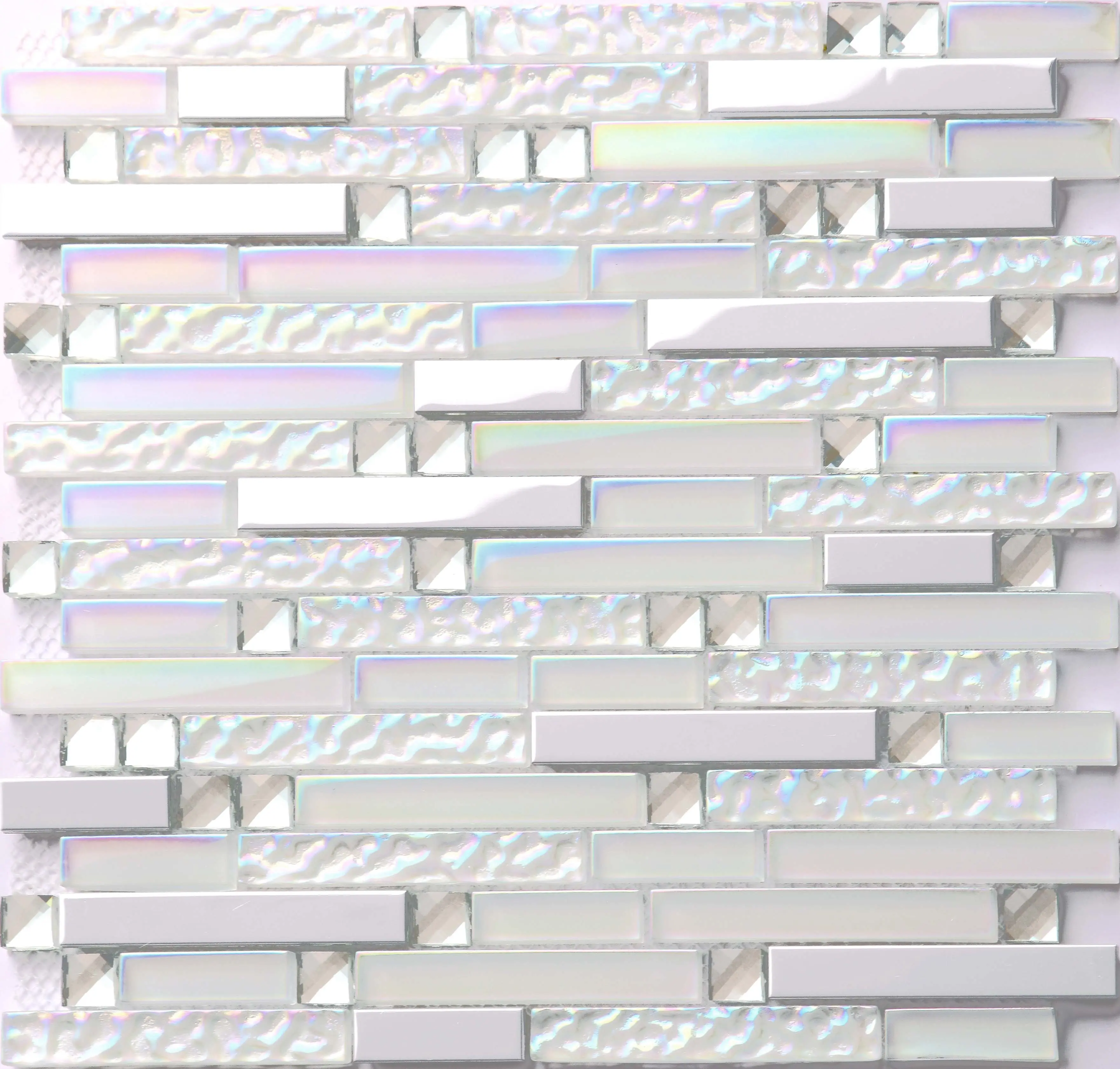 Glass Metal Tile Linear Mosaic Iridescent White Backsplash Stain Resistant Chrome Shiny Wall Tiles