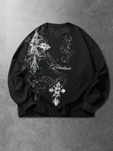 1PC Men‘s Black Long Sleeve Graphic Tee, Gothic “Blackness” Print with Cross Design, Dark Streetwear for Casual Outings and Urban Fashion
