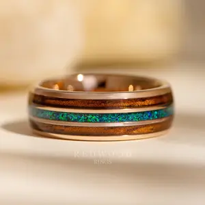 Rose Gold Redwood Ring, Green Opal and Sequoia Inlay - 8MM