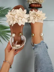 Fashion Pearl Chain 3D Flower Flat Sandals for Women, Elegant Sandals, Bohemian Open-Toe Slip-Ons, Stylish Summer Footwear, Comfortable and Trendy