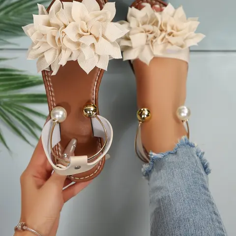 Fashionable Pearl 3D Flower Flat Sandals for Women, Elegant Floral Sandals, Elegant Bohemian Shoes, Boho Casual Sandals, Stylish Summer Footwear, Comfortable and Trendy Open-Toe Shoes