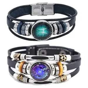 2PCS Multilayer Constellation Zodiac Leather Bracelet Handmade Woven Zodiac Sign Wrap Bracelet Wristband for Women Men Jewelry Birthday Gift