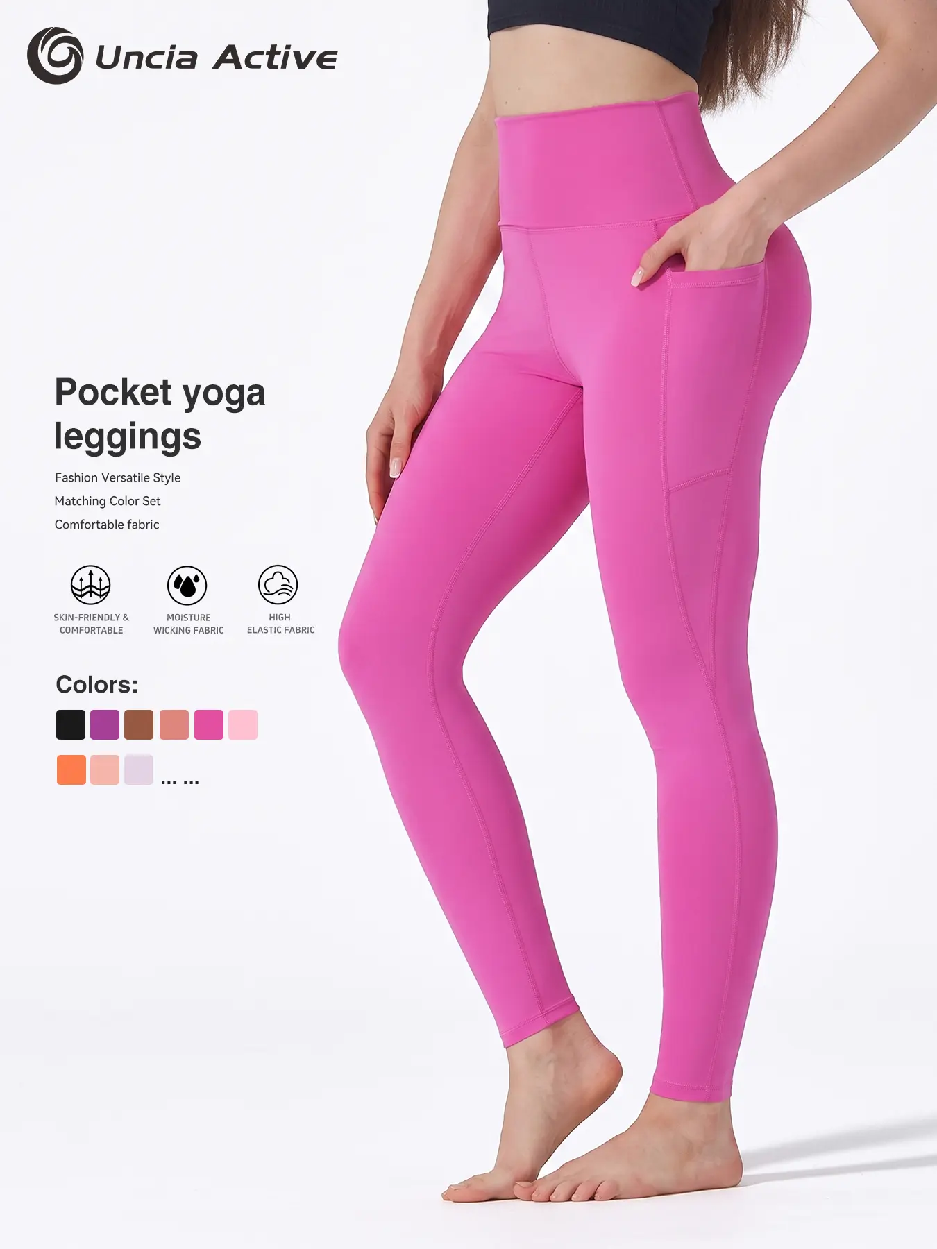 Uncia Active Women High Waist Side Pocket Yoga Leggings, Fashion Versatile Tummy Control Stretch Workout Pants, Buttery Soft Moisture Wicking Skin Friendly Athletic Leggings for Gym Running Daily Casual, Multiple Solid Color Matching Separates