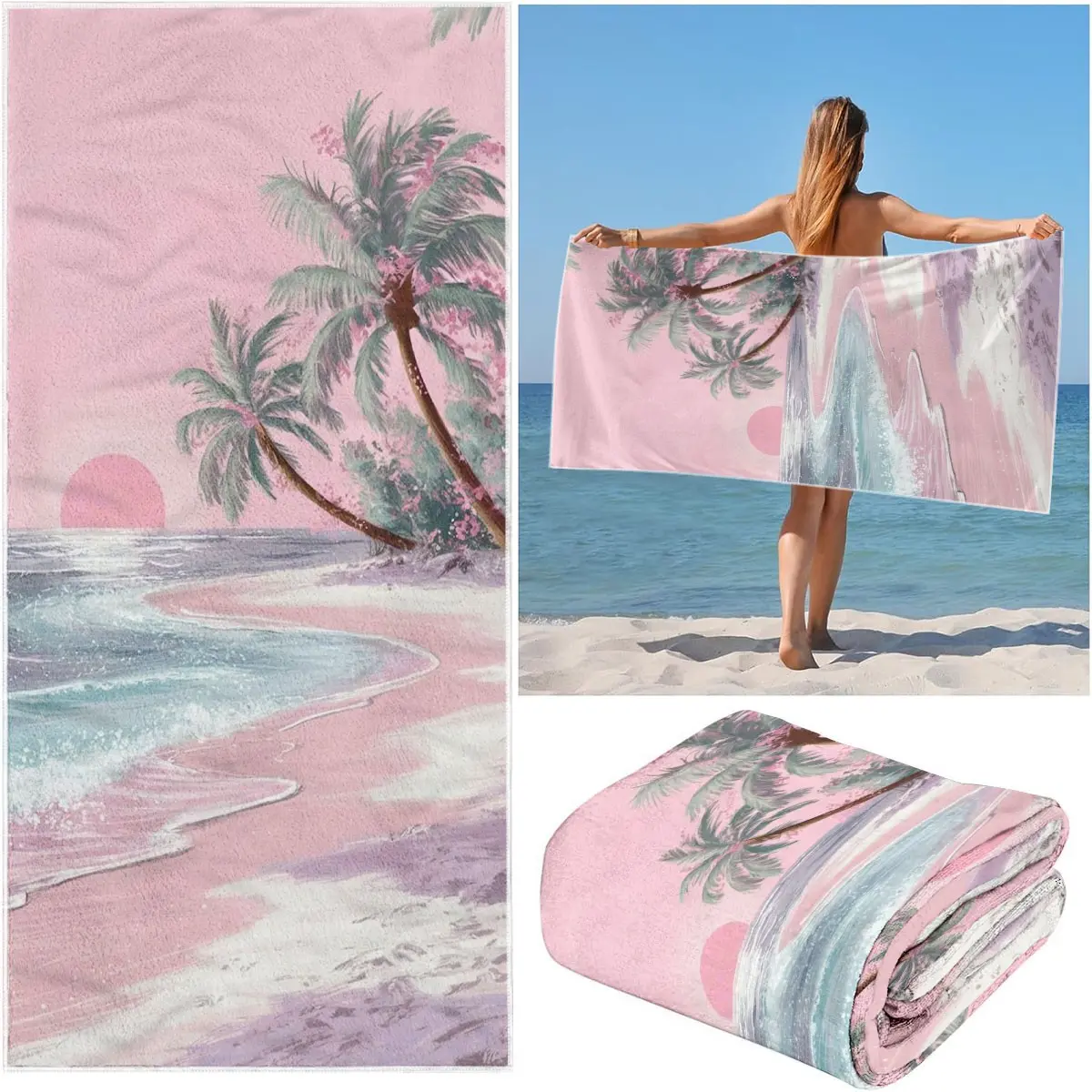 Comfortable Quick-Dry Beach Towel, Tropical Sunset Coconut Tree Sun Print Pattern, Ideal for Beach Pool Camping, Perfect Gift for Family Friends, Quick Dry Towels