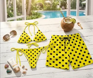 [Hot Summer 2026] - Couple Yellow Black Polka Dot Bikini Set and Hawaiian Shorts, Bold Retro Matching Beach Outfit