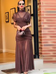 Tulle Women's Dress Draped Brown Party Dresses For Woman Sexy Semi Sheer Gala Dresses Ladies Pleated Mesh Elegant Cocktail Dresses Sleeveless Ruffled Vacation Maxi Dress Formal Wear