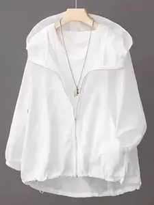 2026 Hooded Solid Color Sun Protection Jacket Lightweight Breathable Loose Cardigan Coat for Summer Outdoor Leisure UV Protection Womenswear Tops