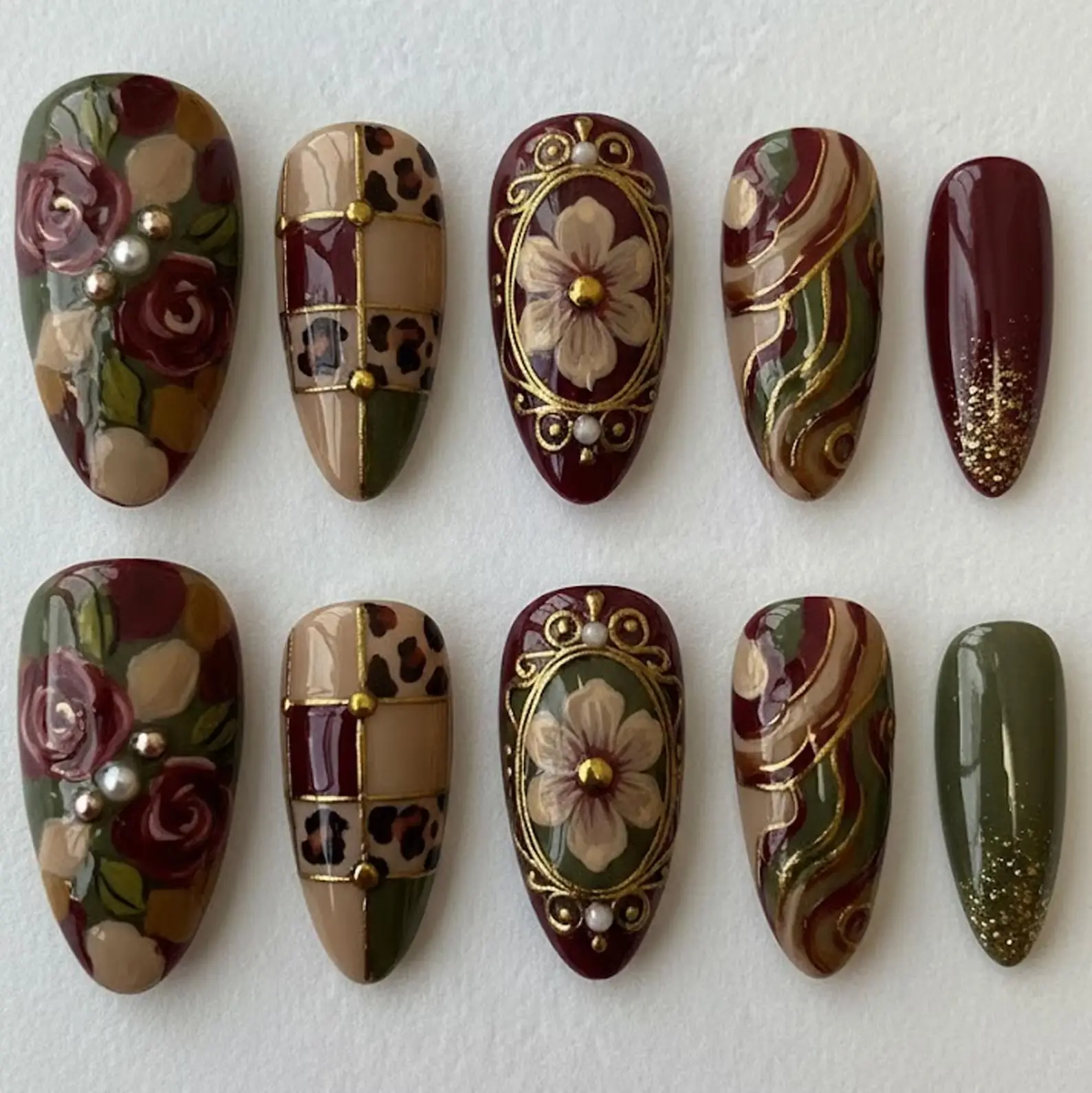 Vintage Floral Press On Nails Burgundy Olive, 3D Rose Gold Swirl Elegant Almond Nails