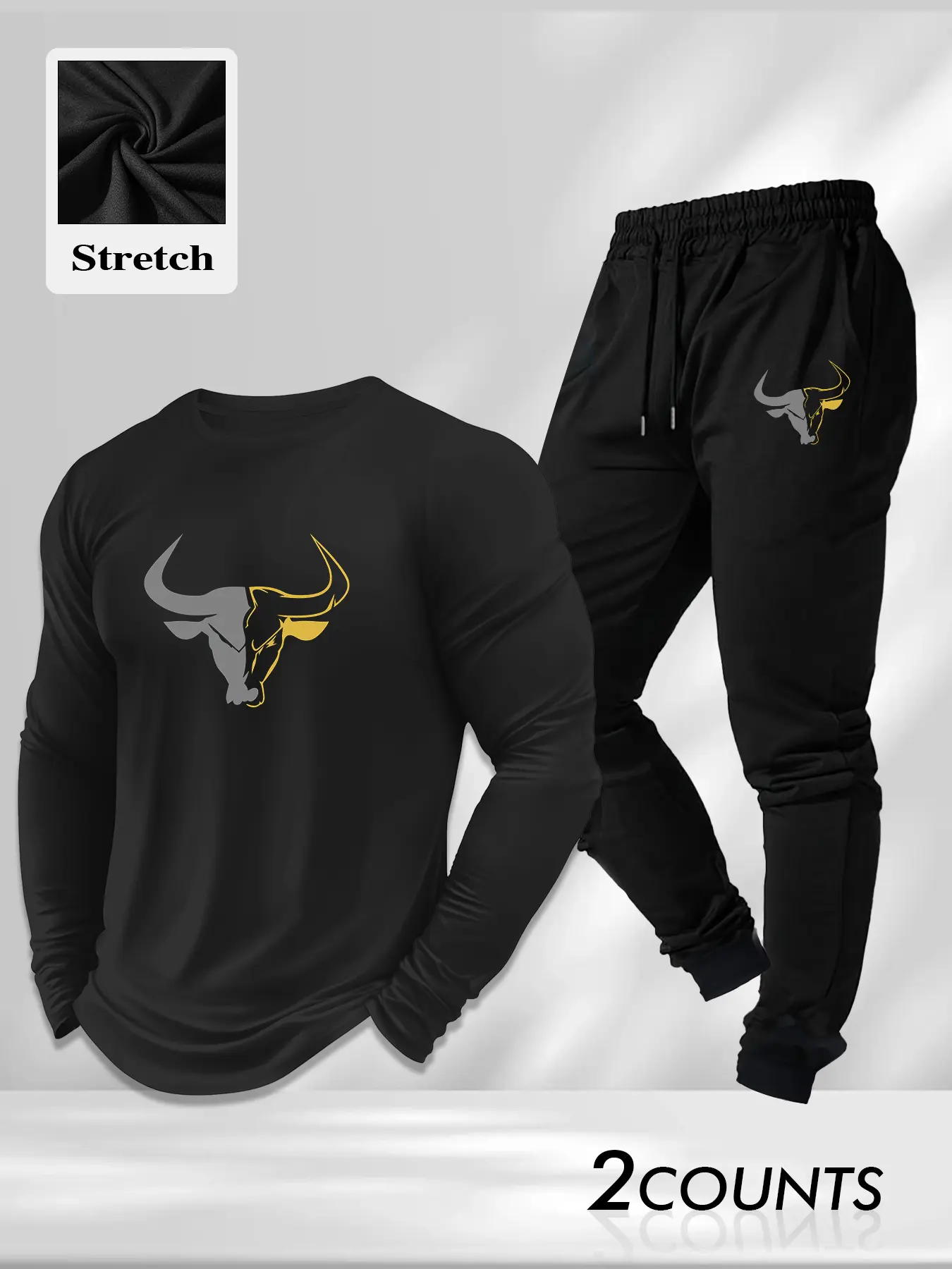 Men's 2 Piece Stretch Tracksuit Set - Slim Fit Long Sleeve Shirt & Jogger Pants with Bull Graphic, Athletic Gym Outfit for Workout, Casual Loungewear, Trendy Activewear, Perfect for Running, Training & Daily Wear
