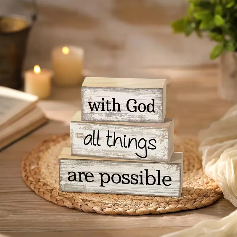 Farmhouse tiered tray [3-piece set]: farmhouse wooden tabletop decor, farmhouse tiered tray decoration, rustic vintage style with “God is all” sign, neutral centerpiece decor sign, suitable for home shelves, decorative plaques, and ornaments.