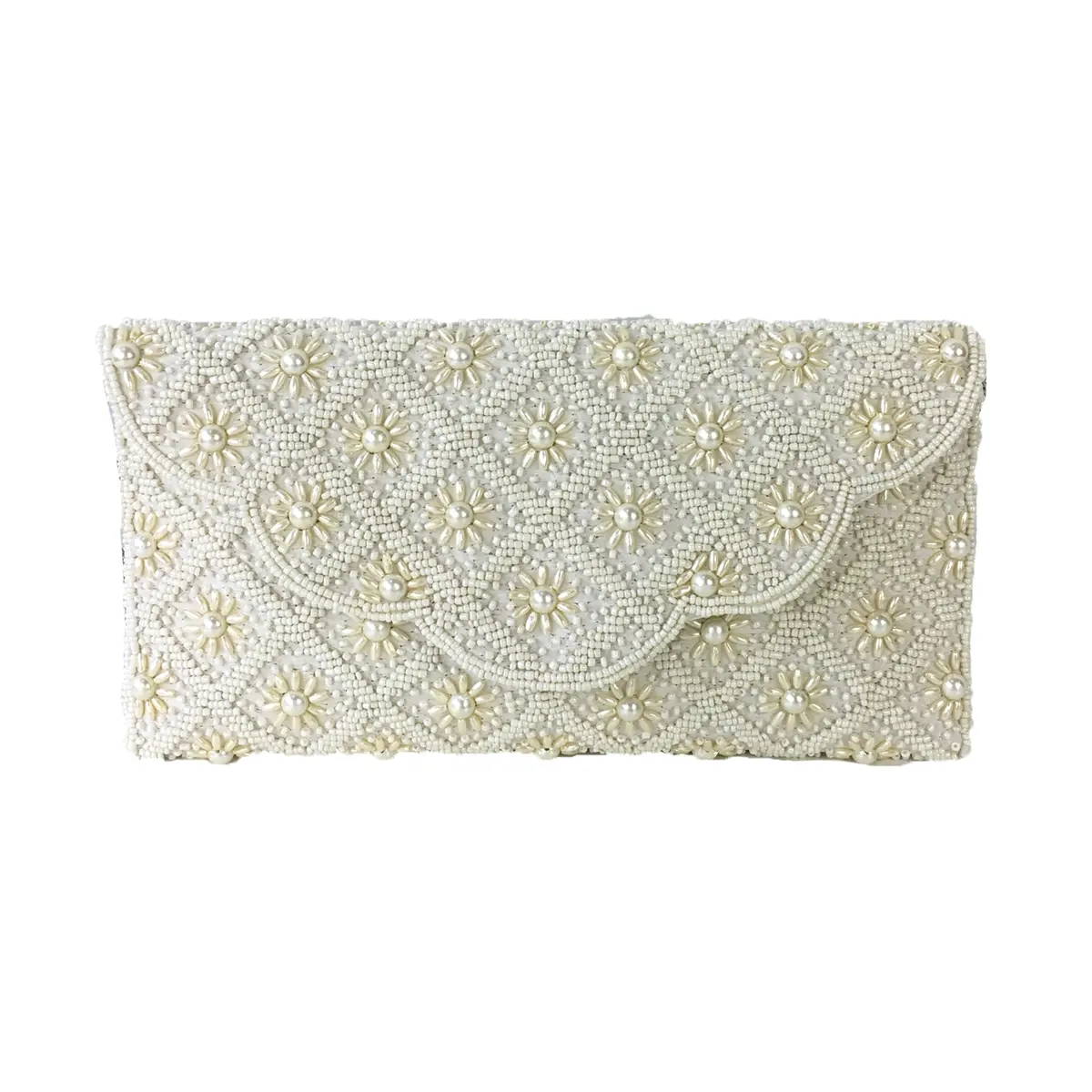 FSX Women's Evening Clutch - Ivory Formal Bag with Floral Motif, Hand-Dyed Glass Beading, Convertible Envelope Design, Scallop Flap