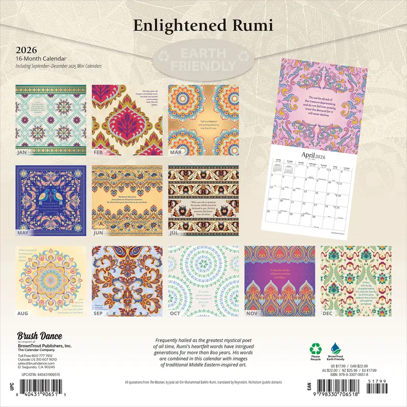 Enlightened Rumi | 2026 12 x 24 Inch (Hanging) Monthly Square Wall Calendar | Plastic-Free | Brush Dance | Traditional Art Poetry 1