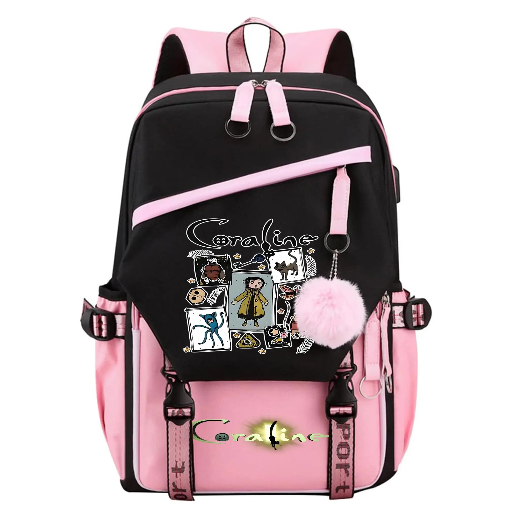 Coraline Graphic Backpack for Girls, Y2K Pink and Black School Bookbag with Keychain, Waterproof Travel Laptop Bag for Teens College d-7