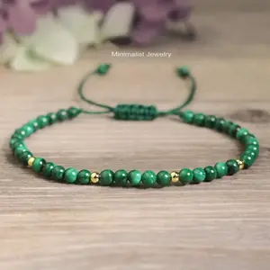 Natural Malachite Stone Healing Bracelet for Women Men Handmade Tibetan 4mm Round Beads Dainty Adjustable Minimalist Bracelet