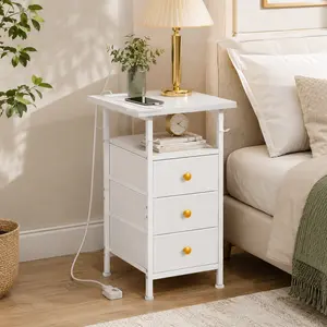 Narrow Nightstand with built-in Charging Station & LED Lights, Slim Bedside Table with Shelf and 3 Fabric Drawers, End Table for Bedroom, Living Room, Small Spaces, White (58 x 30 x 60.5 cm)