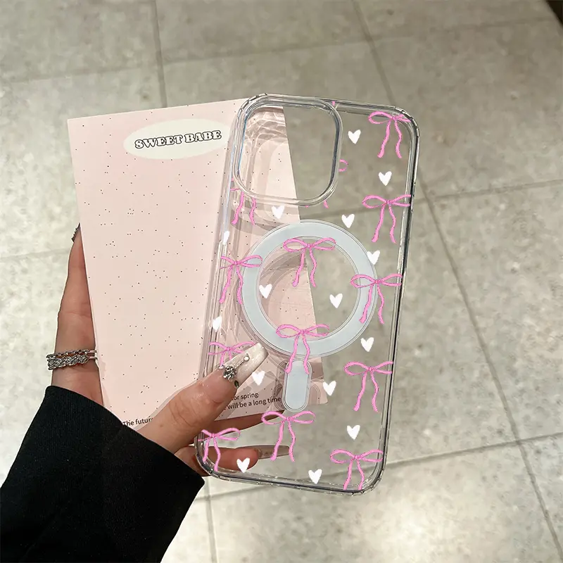 Timy PLM02016 Transparent Acrylic-Magnetic Soft Plastic Smartphone Case with Blush Pink Bow, Light Yet Tough, Shockproof Anti-Drop Protection, Wireless Charging Support, Fits Multiple iPhones (17 Pro Max,16,15,14 Pro,13,12,11+), Cellphone Accessory Casing