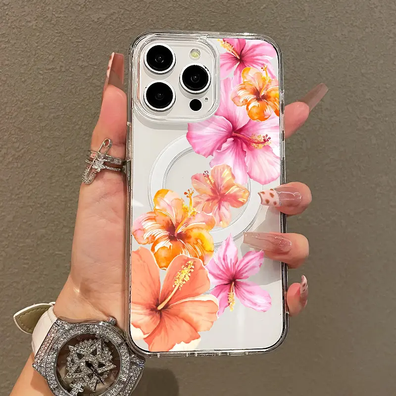 Trendy Magnetic Case for iPhone11/12/13/14/15/16/17/promax, Hibiscus Blooms Ultra Slim, MagSafe Support, Shockproof | Playful & Fun Style