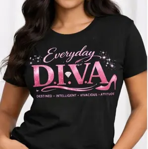 Everyday D.I.V.A. Tee - Black T-Shirt with Pink Lettering, Short Sleeve, Casual Style, Features "Destined, Intelligent, Vivacious, Attitude" Text
