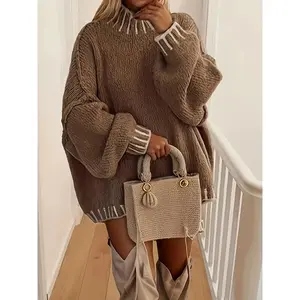 Women’s Oversized Pullover Sweater with Contrasting Stitching & Mock Neck, Soft Textured Fabric Tunic for Autumn & Winter Daily Wear – Casual Slouchy Jumper