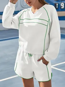 Fisoew Womens Sweatsuits 2 Piece Outfits V Neck Workout Set Fleece Sweatshirts Contrast High Waisted Shorts Casual Tracksuits Lounge Sets