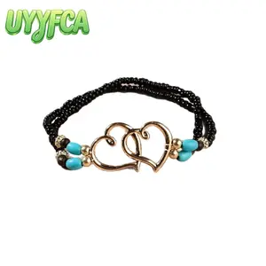 UYYFCA Y2K Boho Double Heart Turquoise Beaded Bracelet White Seed Bead Stackable Anklet Adjustable Friendship Jewelry Trendy Summer Beach Fashion Women Men