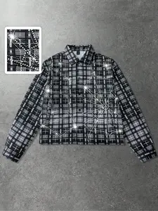 Men's Button Front Collared Long Sleeve Shirt, Loose Fit Casual Design, Plain Pattern Checked, Spring & Fall Wear, High-End American Style