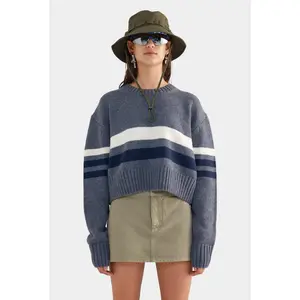 Varsity Stripe Cropped Wool Sweater - Dark Grey Marl/Cream/Navy Stripe