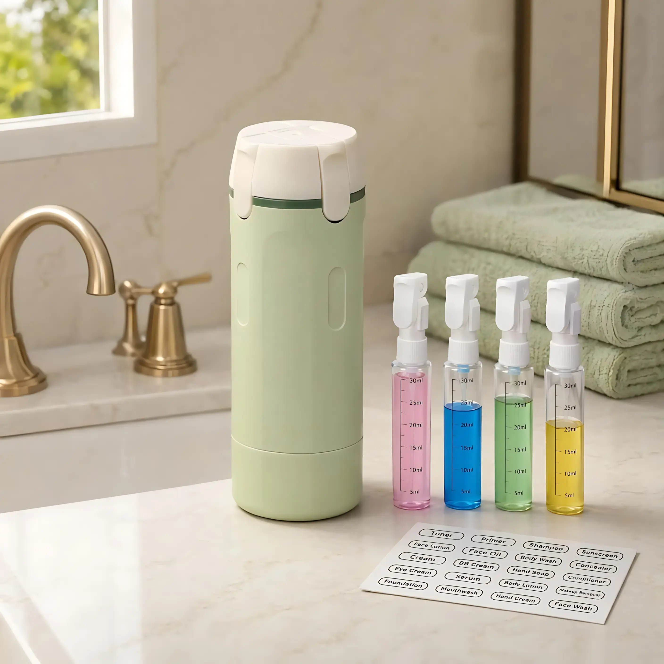 4-in-1 Travel Dispenser Bottle Set, TSA-Compliant Portable Travel Bottles, Leak-Proof Refillable Silicone Squeeze Containers with Lock, Mini Rectangular Cosmetic Storage Bottles for Shampoo, Conditioner, Lotion, Toiletries Organizer for Vacation and Campi
