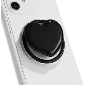 Magnetic Cute Solid Macaron Color Heart Shape Collapsible Mobile Phone Grip Stand Holder for Smartphone Tablet Cell Phone Accessory (Magnetic Type, Black)