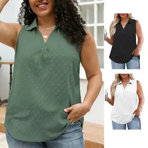 Women’s Plus Size Tank Tops Summer Lapel V-Neck Eyelet Tunic Tops Cute Sleeveless Blouse Casual Comfy Lightweight Loose Fit Polo Collar Shirts XL-5XL RPS2097 vacation