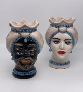 Heads of Moor Luis Caltagirone Ceramic cm H.22 L.15 Handcrafted Turban Smooth Ecru Blue