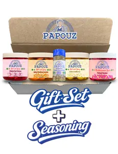 Papouz 4-Pack Sampler + 3oz Greek Seasoning, Sweet and Spicy Red Onions, Hot Cauliflower, Spicy Mexican Carrots, and Mediterranean Spiced Turnips