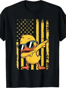 Premium Printed Craft Funny Dabbing Rubber Duck Graphic T-Shirt, Cool Sunglasses Duck with Distressed Yellow American Flag Background, Patriotic Humor Design, summervibes Casual Breathable 100% Cotton Unisex Crewneck Tee, Ideal for Independence Day