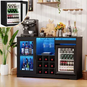BROTTAR Coffee Bar Cabinet with Fridge, Liquor Cabinet with LED Lights & Glass Holder, Mini Fridge Cabinet with Wine Storage, Human Body Sensor, Sideboard Buffet Table for Kitchen Dining Room, Black