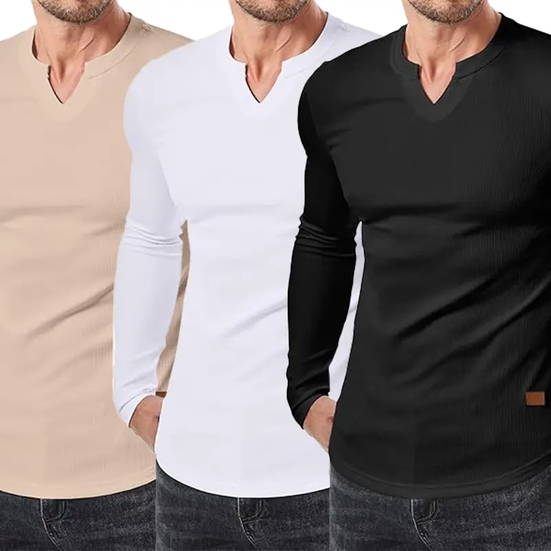 Royaura Mens 3-Pack V-Neck Longline Ribbed Plain Long Sleeve Shirts - Fitted Muscle Tee, Mens Clothing, Casual Fashion Menswear, Valentine's Day Gift for Him, TikTok Shop Deal