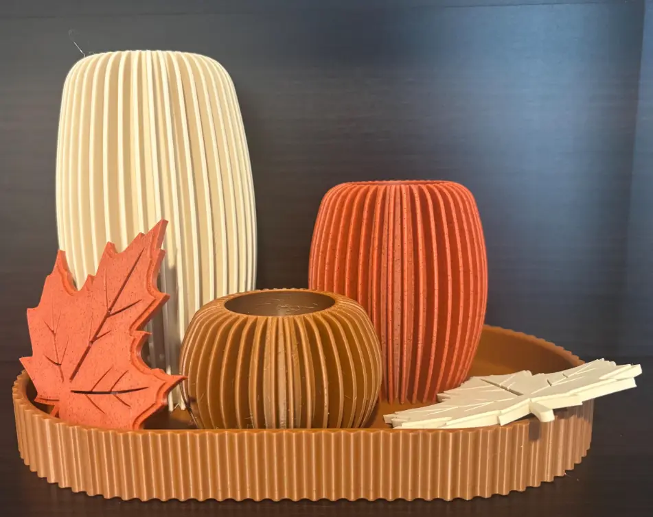 3D Printed Customizable Fall Decor Set – Ribbed Tray & 3 Vases