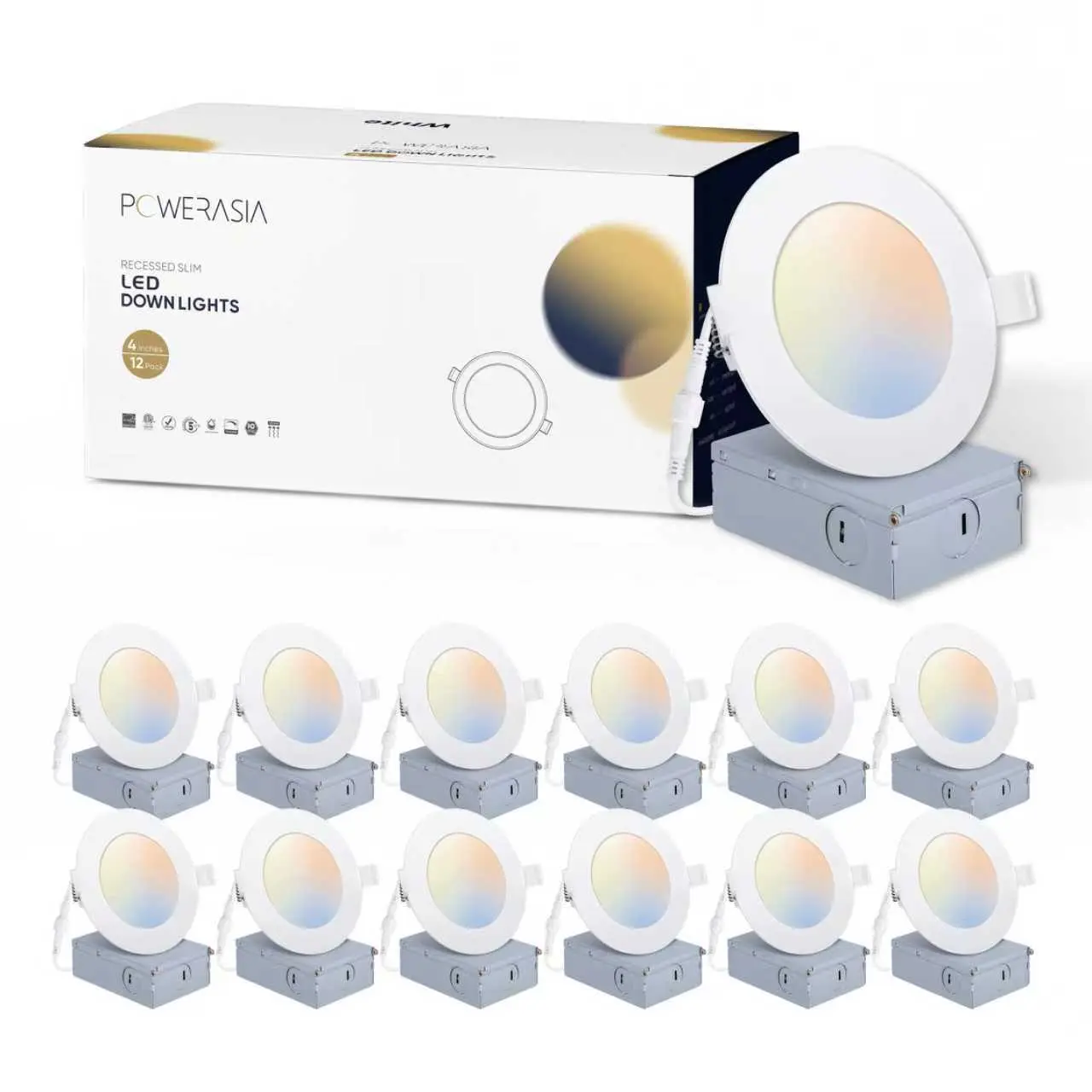 POWERASIA 12-Pack Slim 4in LED Recessed Ceiling Light - 5CCT Dimmable Downlight Panel with Safety Design, Junction Box, Easy Installation for Bedroom, Bathrooms